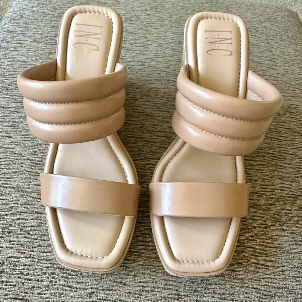 INC tan wedge sandals